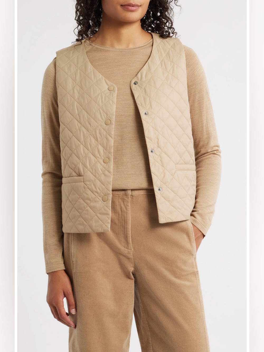Eileen Fisher Women's Eggshell Recycled Nylon Quilted V-Neck Vest Size S